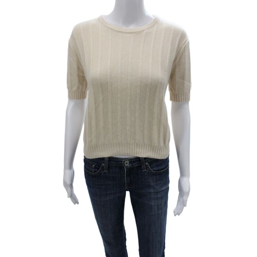 Khaite Womens Ivory Striped 100%Cashmere Pullover Crewneck Short Sleeve Size XS - Picture 1 of 6
